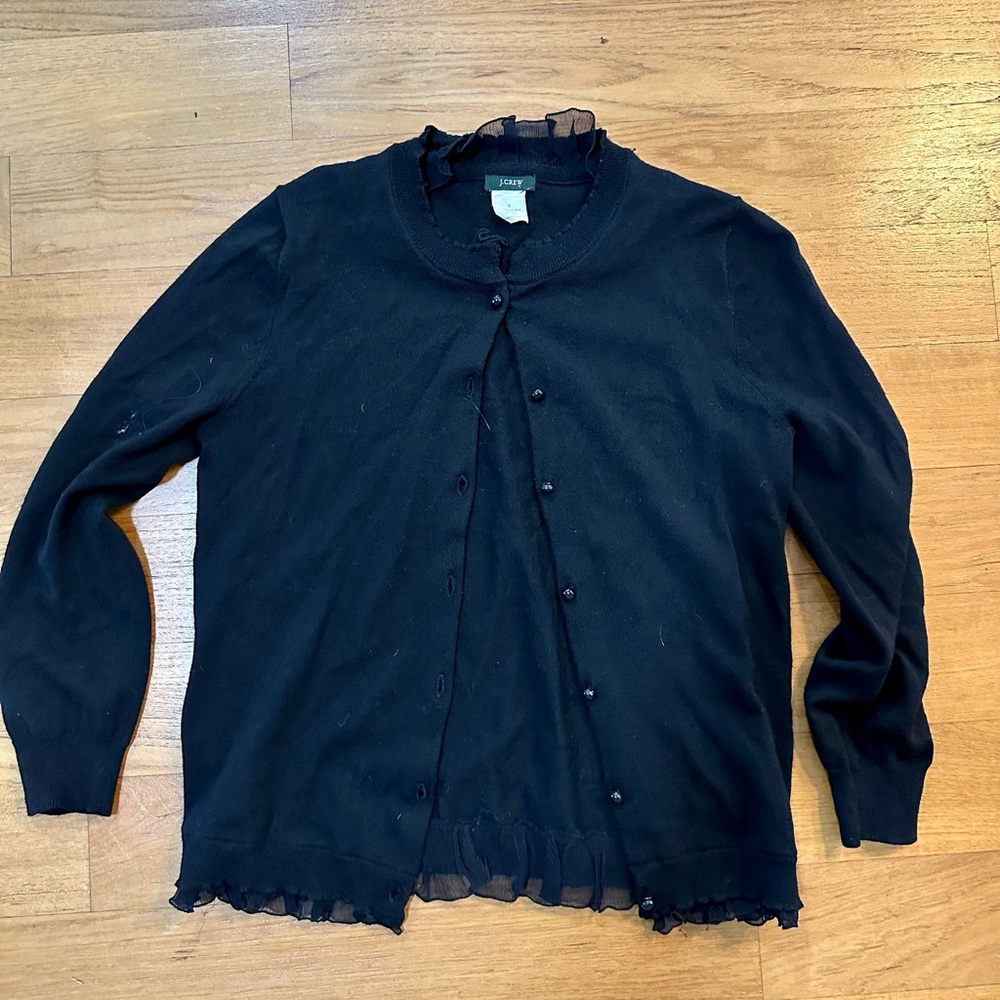 J. Crew black button up ruffle collar cardigan small